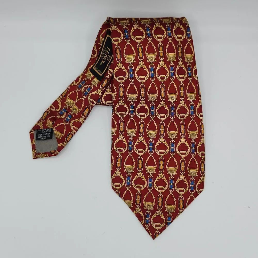 Fendi Cravatte 100% Silk Tie Men’s Burgundy Gold Equestrian Print Made in Italy